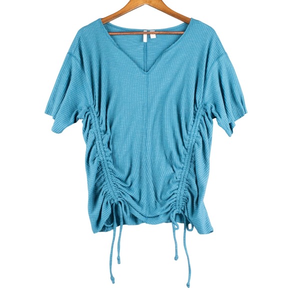 Cato Tops - Cato Womens 18/20W‎ Ruched Drawstring Top Plus Size Ribbed Knit Teal V-Neck